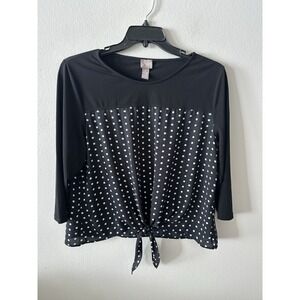 Chico's Tie-Waist Blouse Women's Large Polka Dot Button Front White Black Size 2